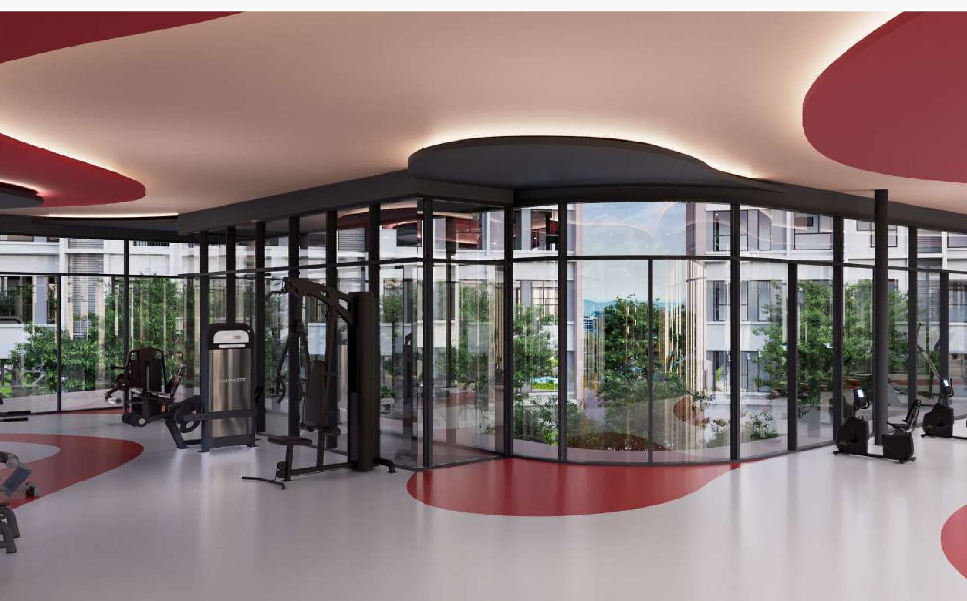 Momentum Studio — the gymnasium on Level 9, glazed on both sides and wrapped around a planted courtyard