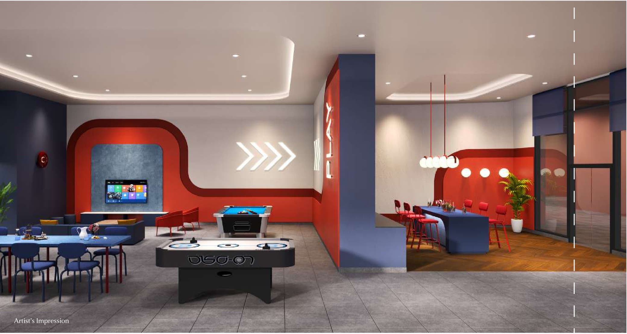 Queen's Hall — the games room, with pool, air hockey, a screen wall and a bar counter beyond