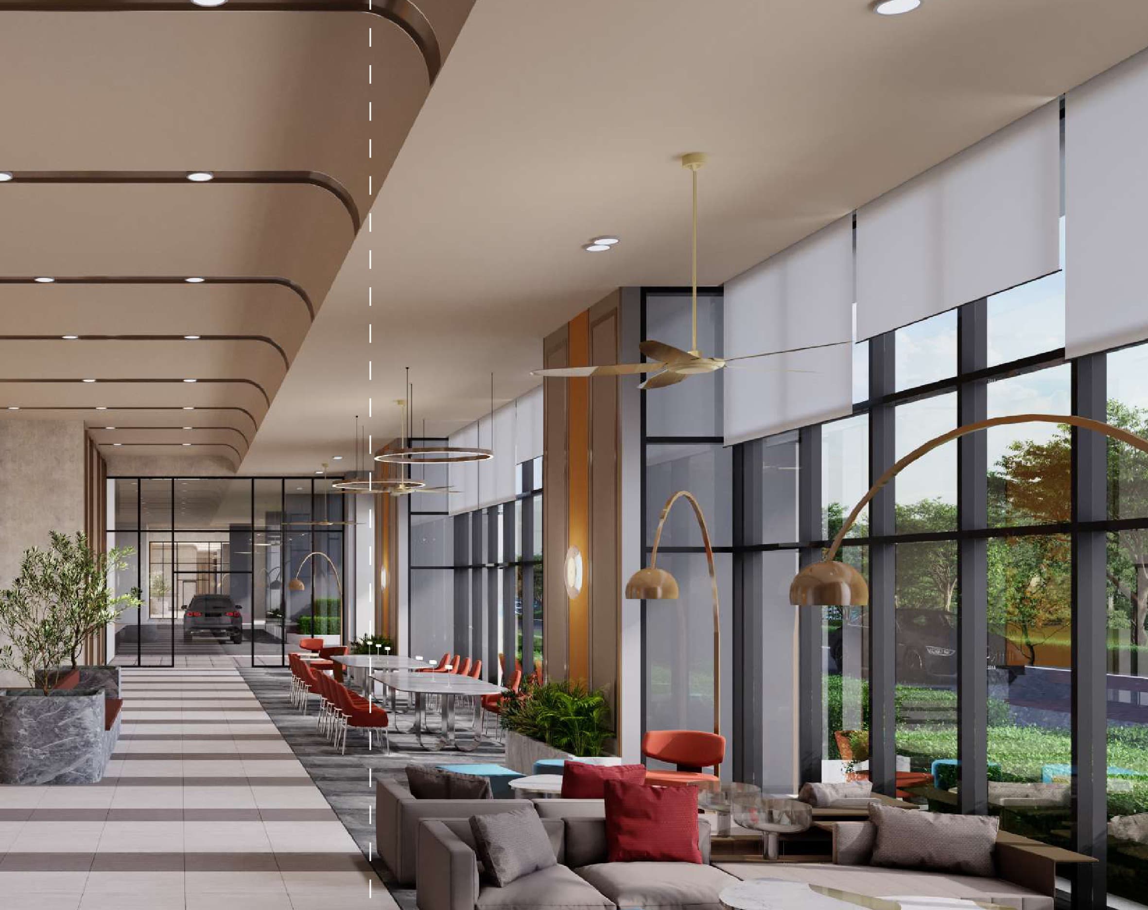 Queen's Lounge — the double-height ground-floor lobby lounge, one to each tower, opening onto the landscaped forecourt