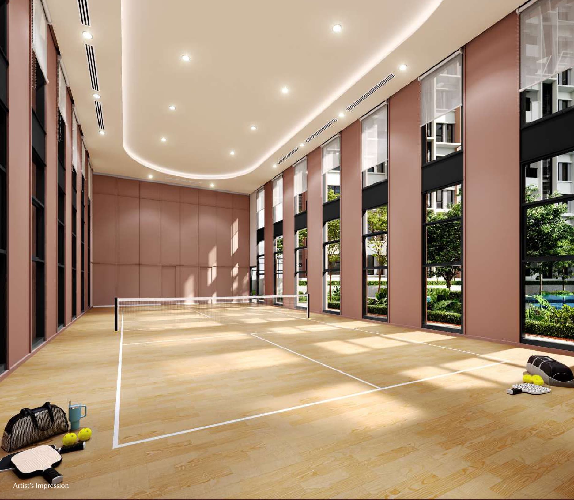 Regal Hall — the full-height indoor hall on the podium, marked out for badminton