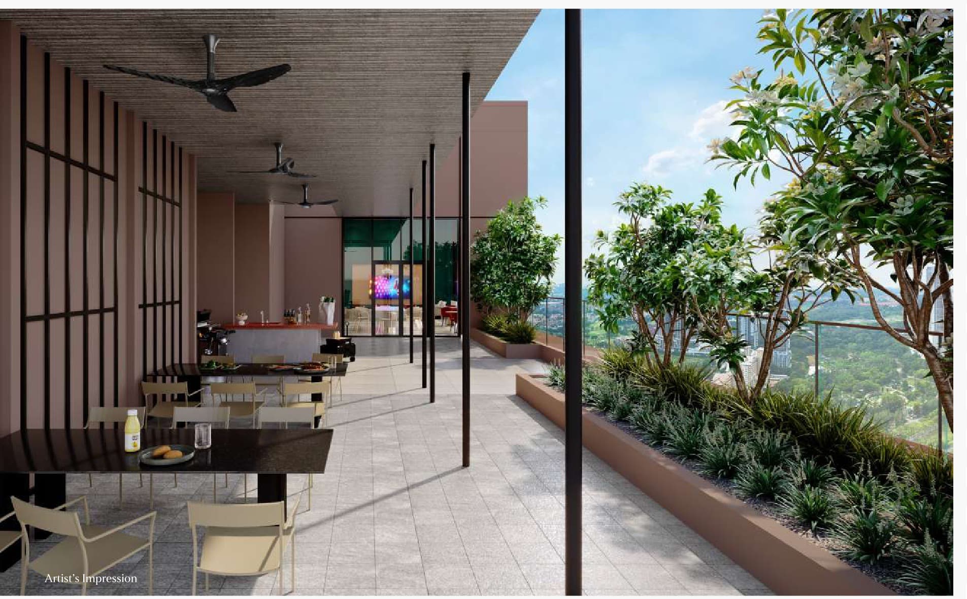 Sky Bbq — the rooftop barbecue terrace beside the sky lounge, open to the planted edge and the view