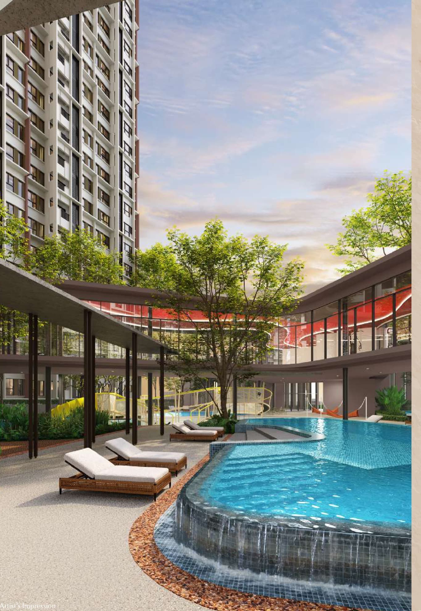 Sun Deck — loungers on the pool edge, with the Shallow Splash and the covered walk behind