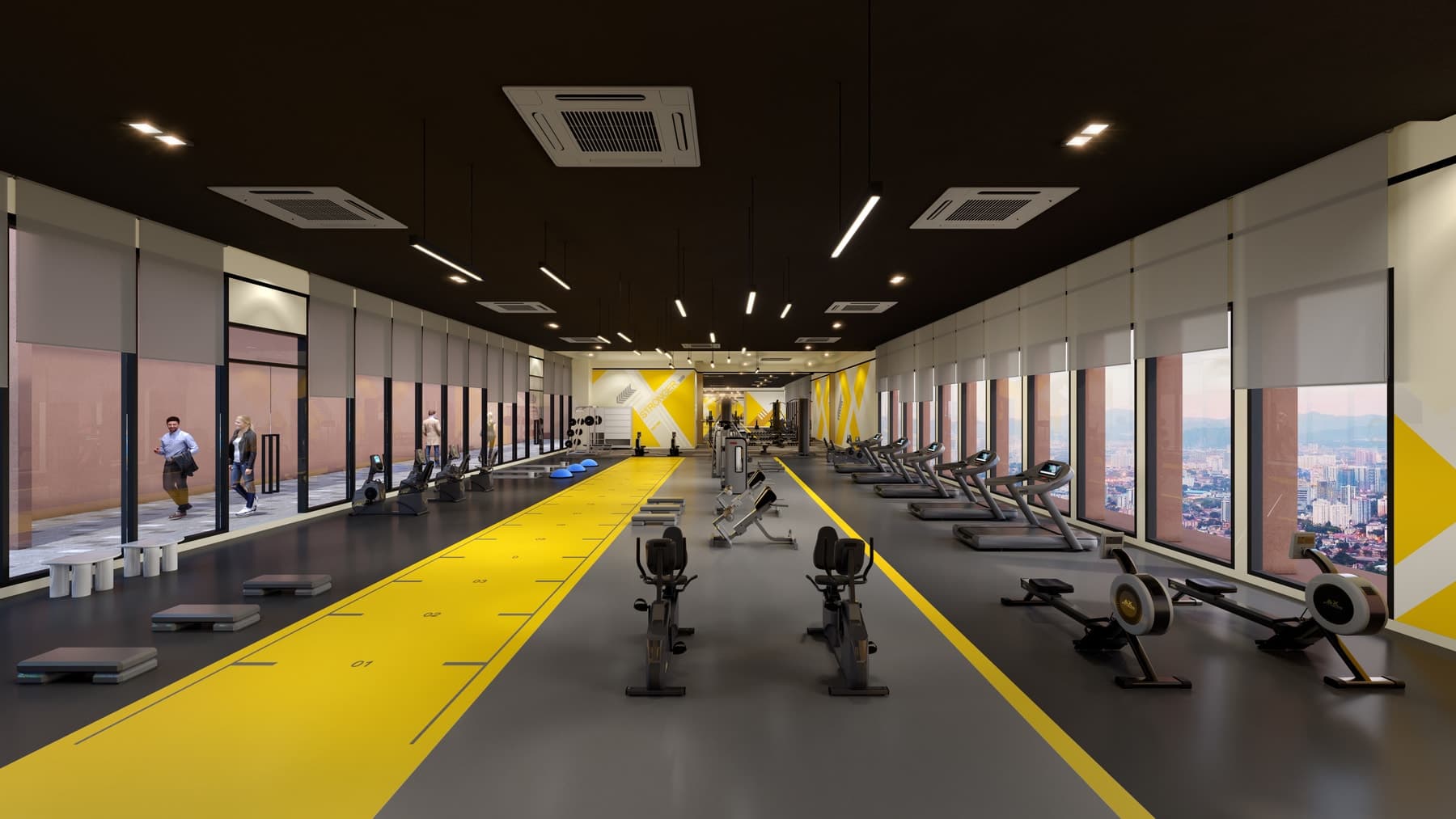 Body Builder Studio, the glazed gym on Level 8 with its sprint track marked on the floor
