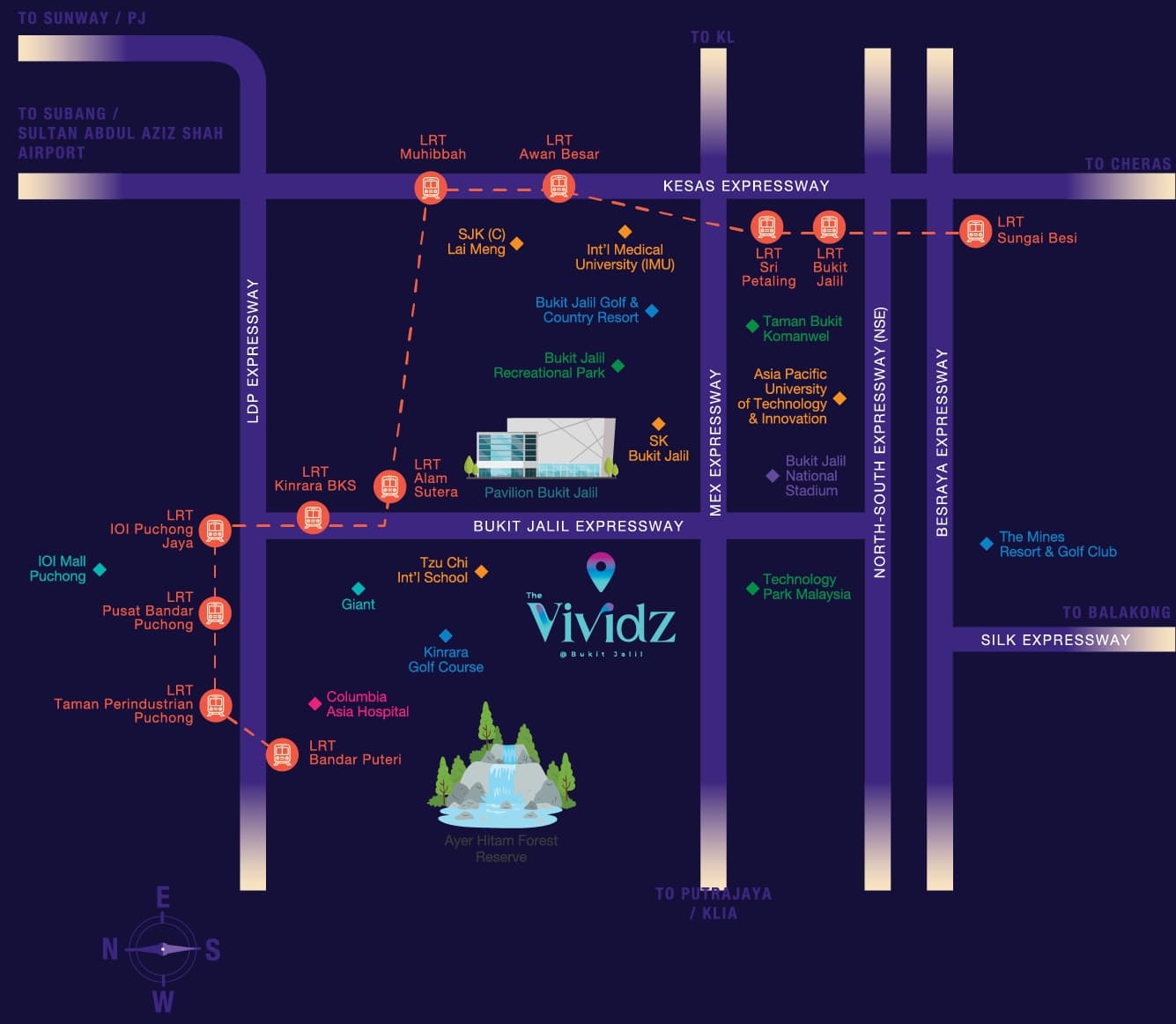 The Vividz location map — the site marked in Bukit Jalil with Pavilion Bukit Jalil, Bukit Jalil National Stadium, the recreational park, IMU, Asia Pacific University, Tzu Chi International School, Kinrara Golf Course, Columbia Asia Hospital, IOI Mall Puchong, The Mines and eleven LRT stations plotted around it