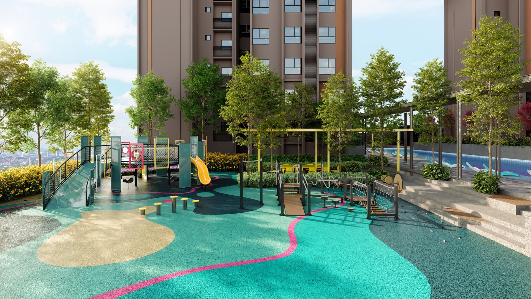 Chromatic Funland, the children's play landscape on Level 8, with the outdoor gym behind it