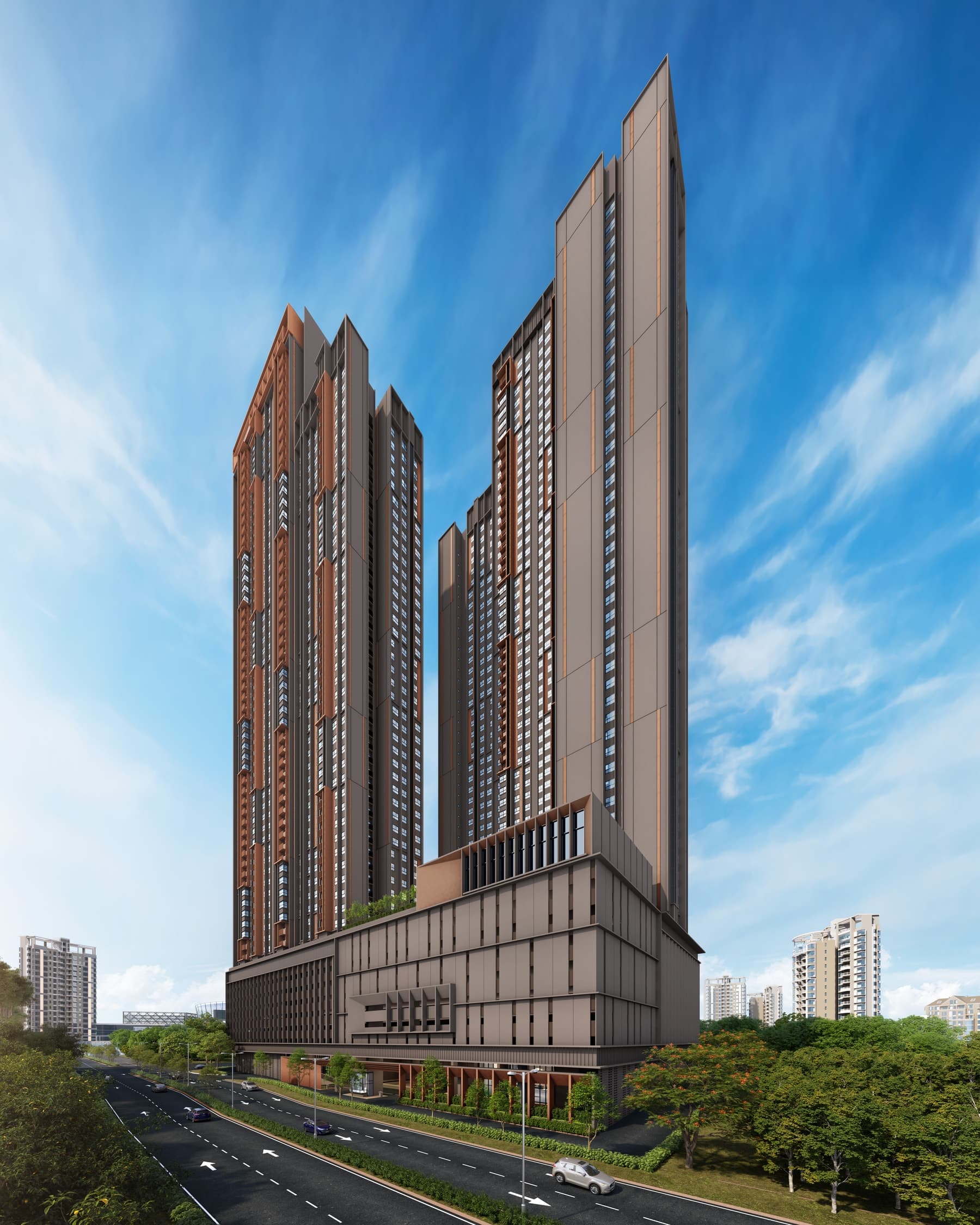 The Vividz @ Bukit Jalil in daylight — the two towers above the retail podium, with the Bukit Jalil Expressway running past the frontage