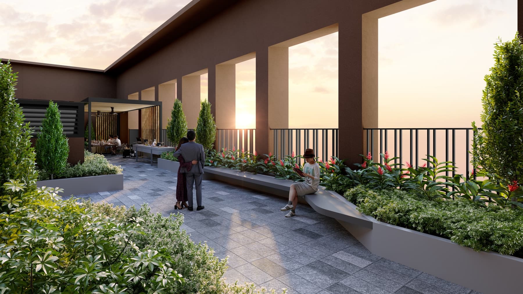 The Herbs Garden on the sky deck — raised planters and seating walls along the roof walkway