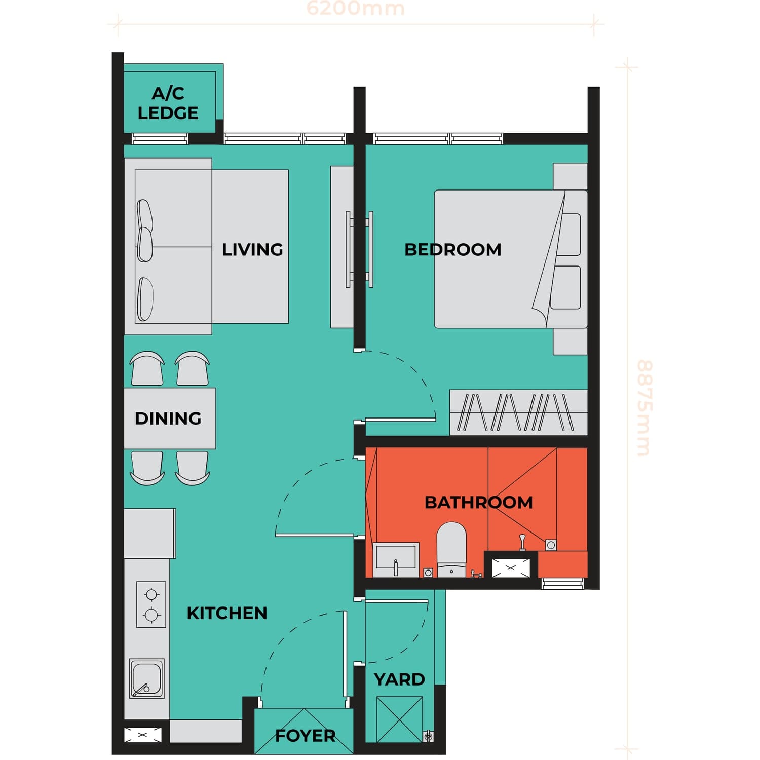 The Vividz Bukit Jalil Type A1 floor plan — 484 sq ft, 1 bedroom · 1 bathroom · 1 car park bay