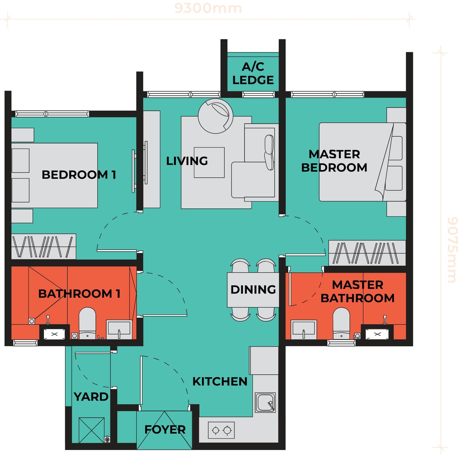 The Vividz Bukit Jalil Type B1 floor plan — 689 sq ft, 2 bedrooms · 2 bathrooms · 1 tandem car park bay