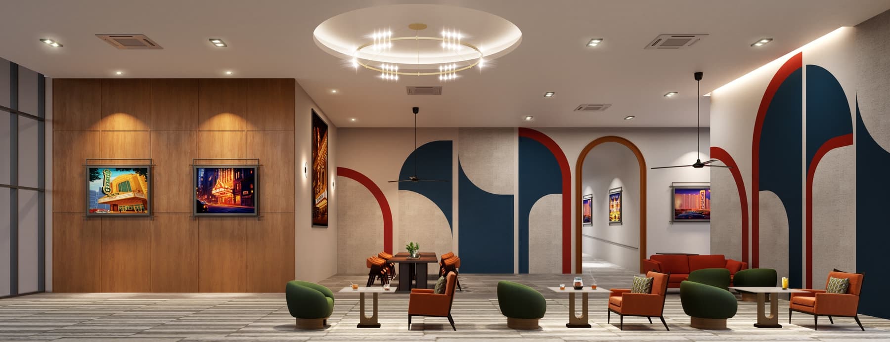 Lobby Lounge B at street level, in arches and colour blocks off the Grand Entrance