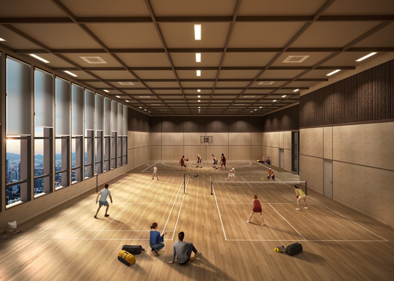 The Multipurpose Hall, marked out and netted for pickleball and badminton