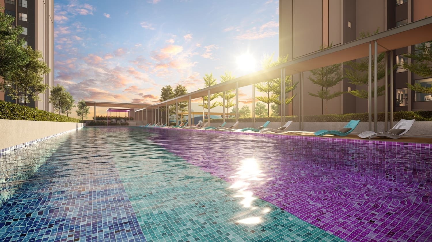The same pool at dusk — the tiling shifts from turquoise to violet along its length