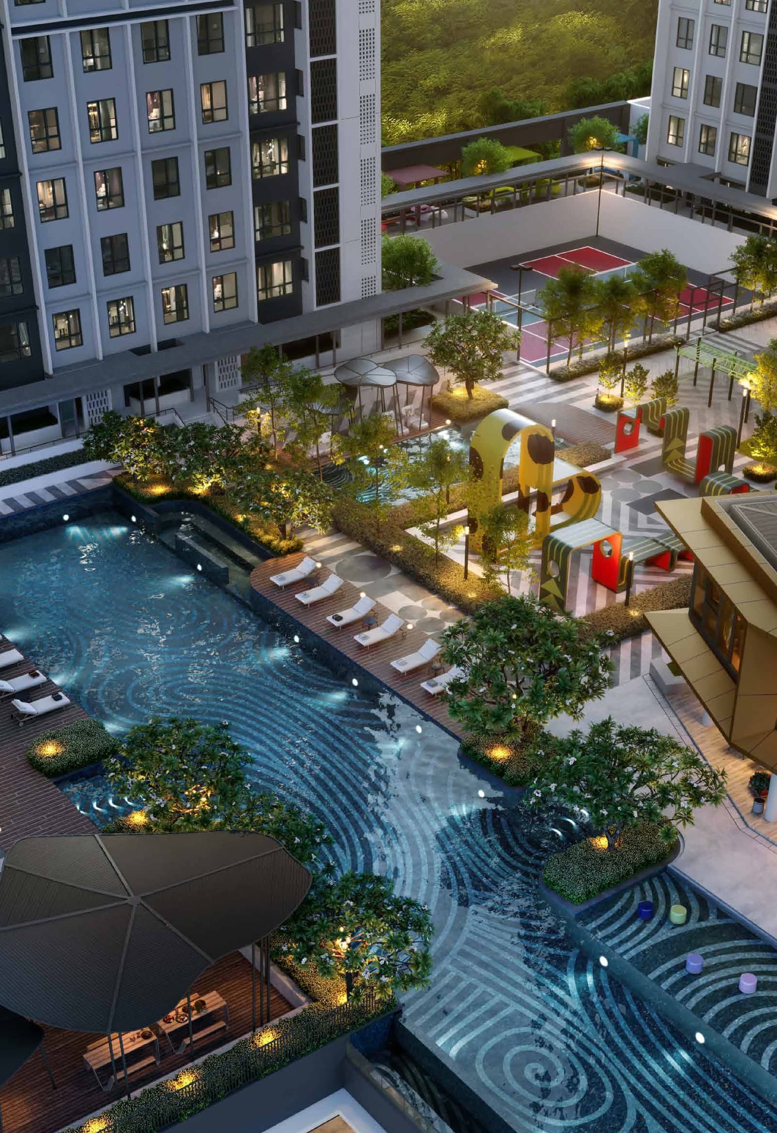 The Level 7 facilities podium, with the pickleball court beyond the pool, Trybe Residences, artist's impression