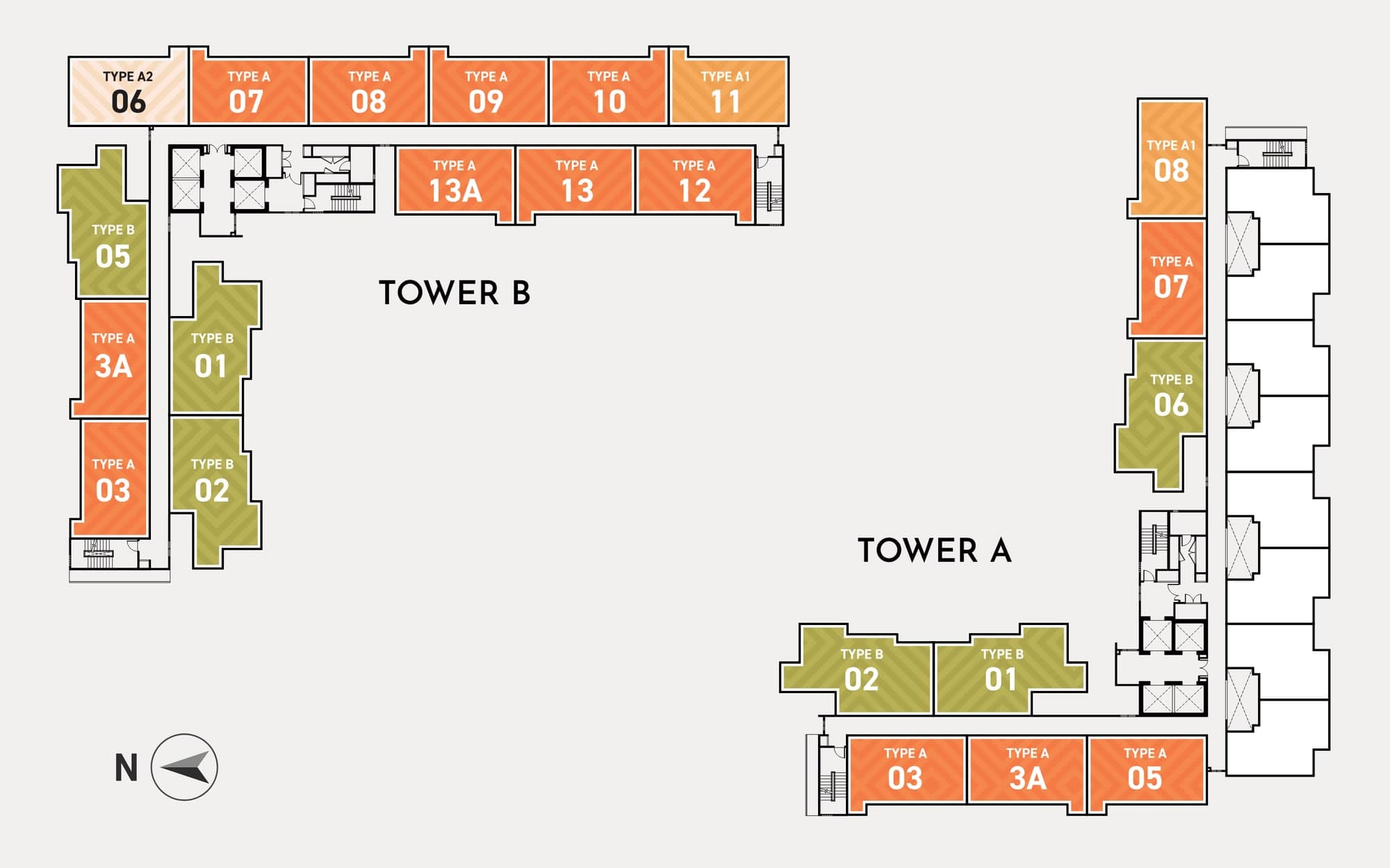 Trybe Residences key plan showing Type A, A1, A2 and Type B units across Tower B and Tower A