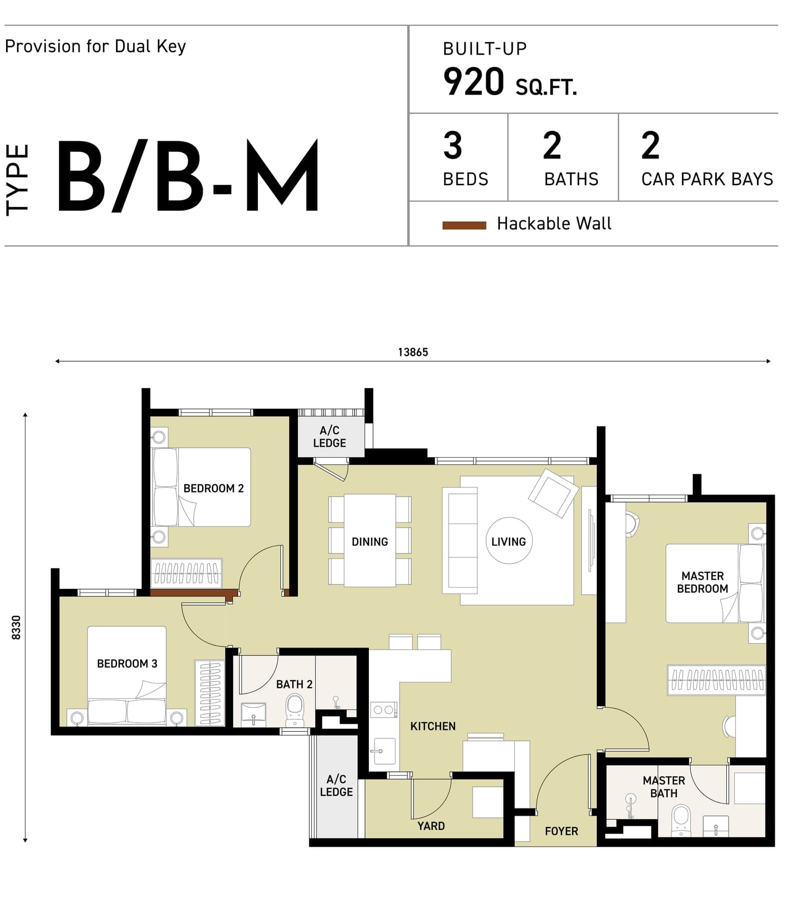 Trybe Residences Type B / B-M floor plan — 920 sq ft, 3 bedrooms, 2 bathrooms