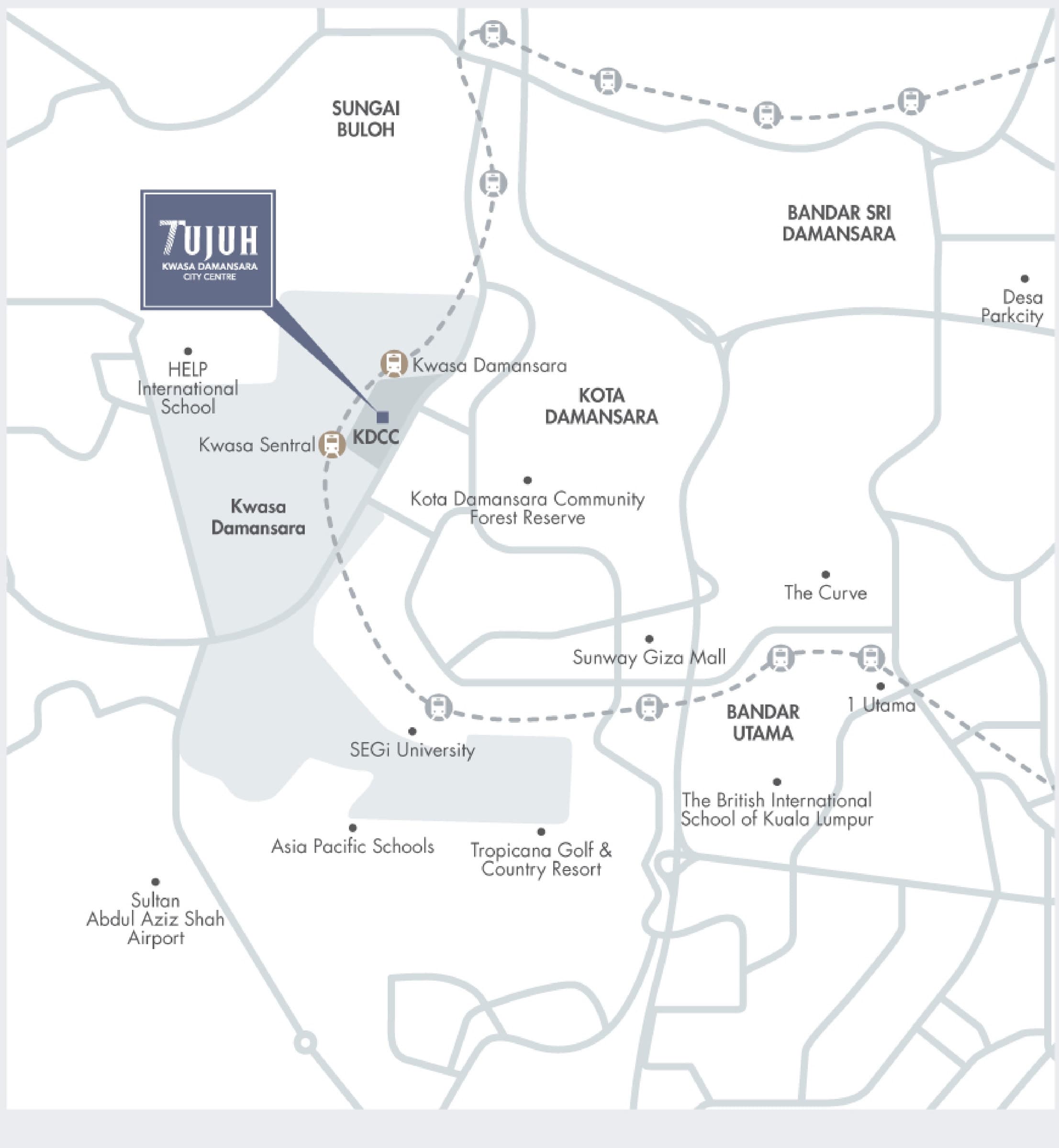 Tujuh Residences brochure location map — the site marked at KDCC between the Kwasa Sentral and Kwasa Damansara MRT stations, with the MRT lines, HELP International School, SEGi University, Asia Pacific Schools, Kota Damansara Community Forest Reserve, Sunway Giza Mall, The Curve, 1 Utama, Desa ParkCity, Tropicana Golf and Country Resort and Sultan Abdul Aziz Shah Airport
