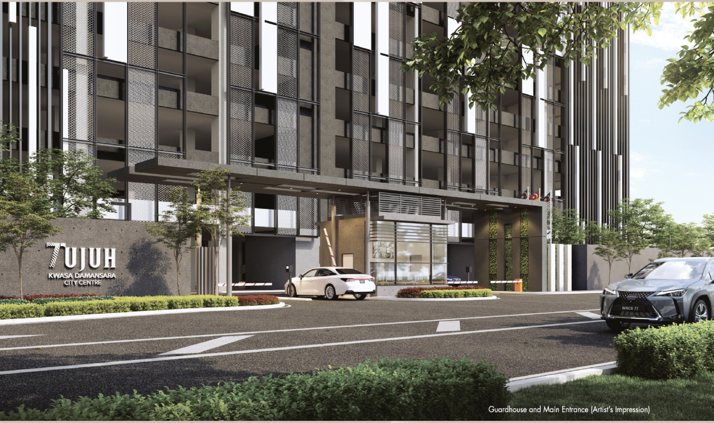 Tujuh Residences Kwasa Damansara City Centre — the guardhouse and main entrance, with the development's name wall on the left and the perforated screen of the car park podium above