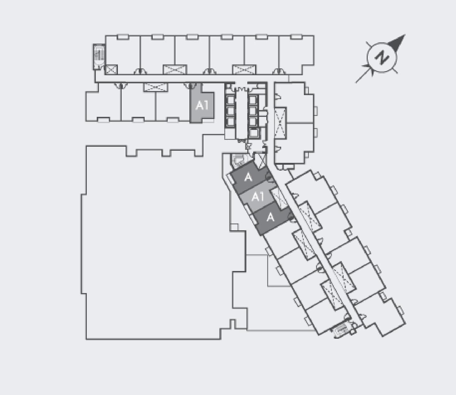 Tujuh Residences typical floor plate with the Type A stacks shaded — A single A1 at the east end of the inner row, then A, A1 and A at the head of the south-east wing