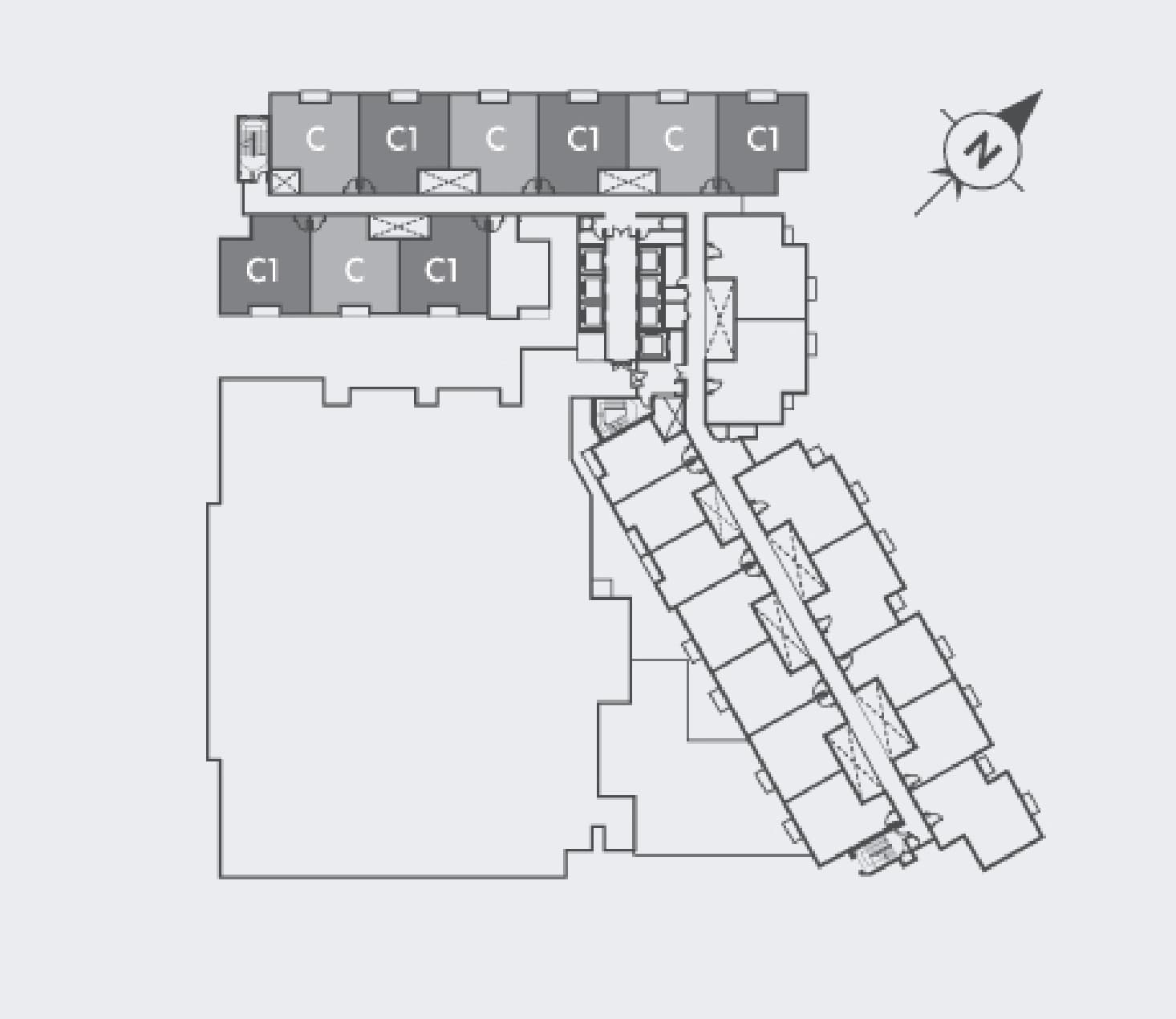 Tujuh Residences typical floor plate with the Type C stacks shaded — Nine stacks, the whole east–west wing — six along the outer row and three on the inner