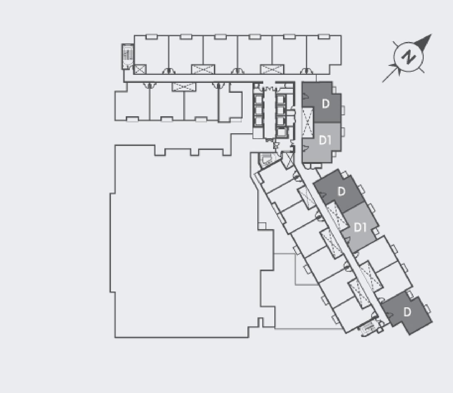 Tujuh Residences typical floor plate with the Type D stacks shaded — Five stacks on the outer face of the south-east wing — a D and D1 pair at the top, another midway down, and a single D at the far end