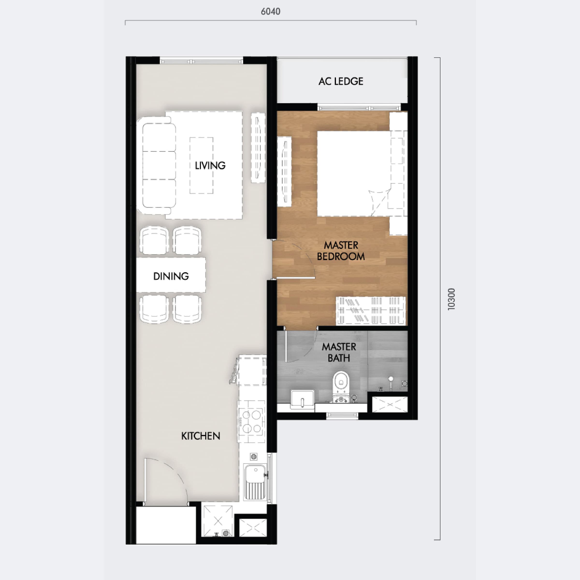 Tujuh Residences Kwasa Damansara Type A floor plan — 550 sq ft, 1 bedroom · 1 bathroom · 1 car park bay