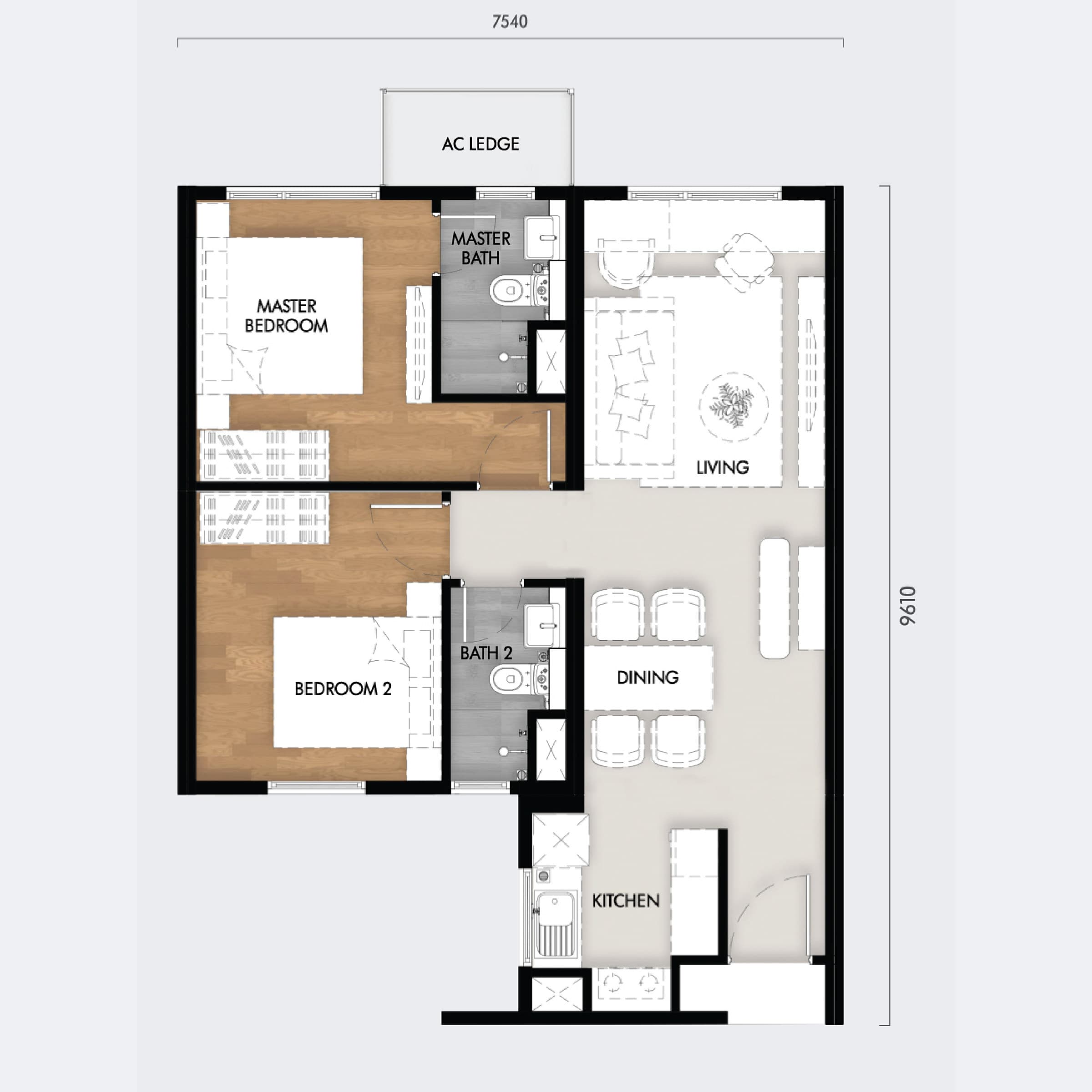 Tujuh Residences Kwasa Damansara Type B floor plan — 666 sq ft, 2 bedrooms · 2 bathrooms · 1 car park bay