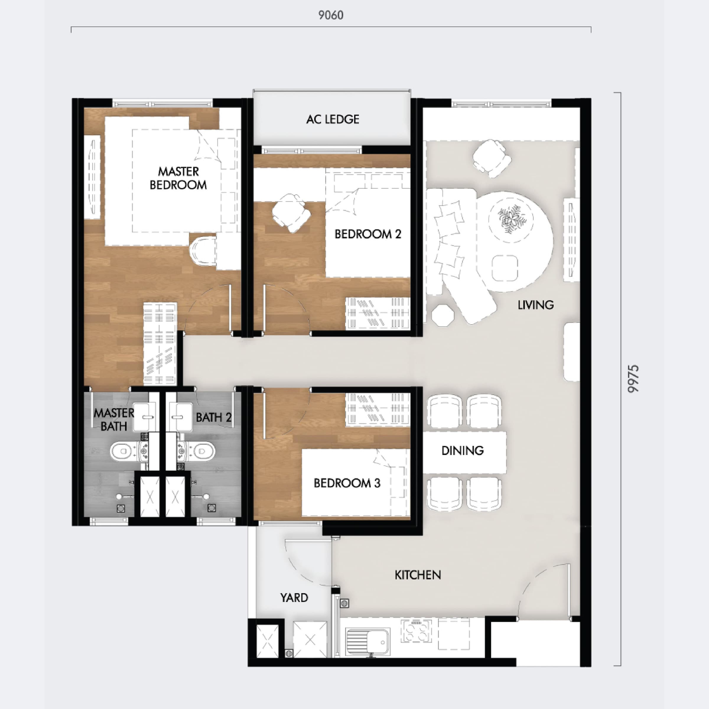 Tujuh Residences Kwasa Damansara Type C floor plan — 862 sq ft, 3 bedrooms · 2 bathrooms · 2 car park bays