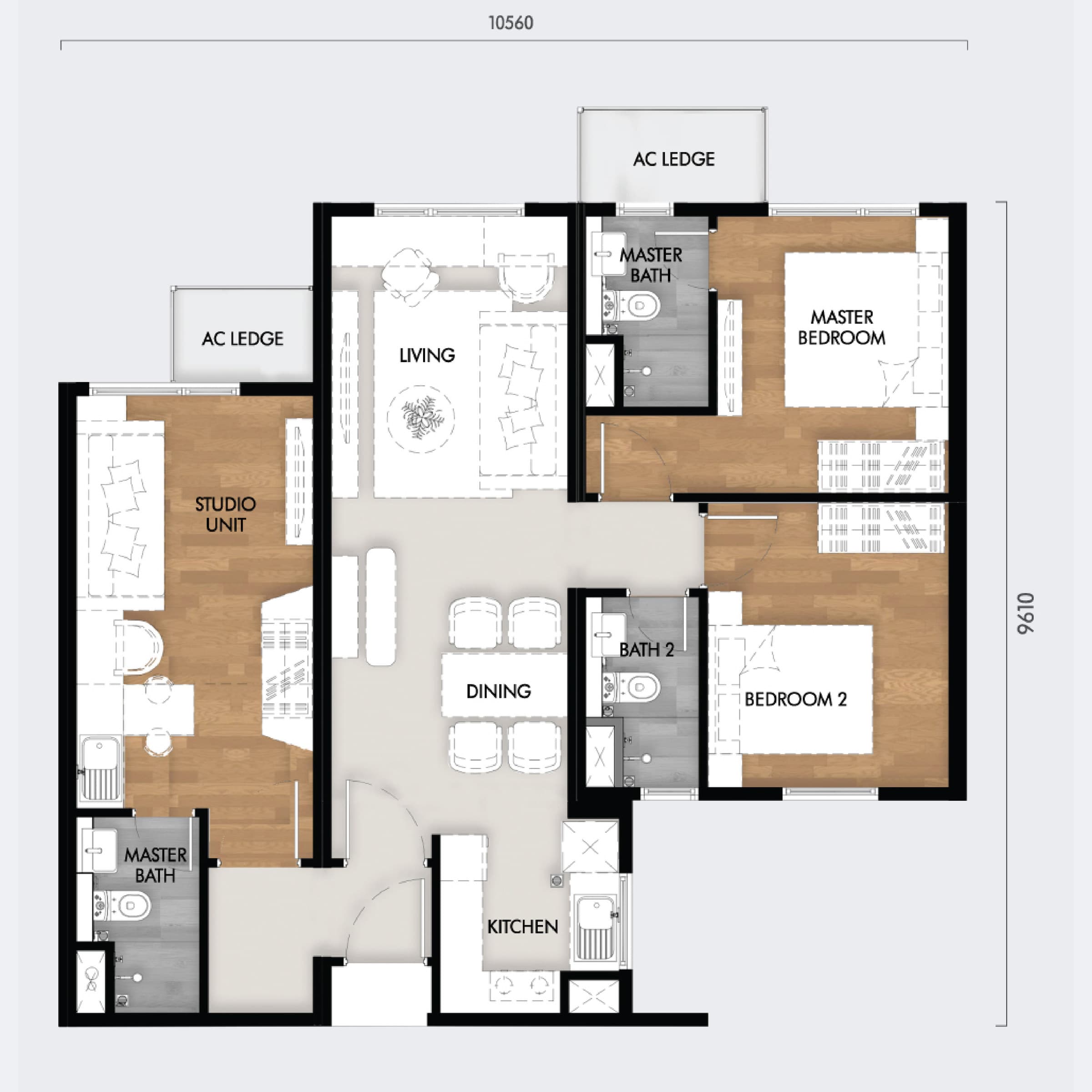 Tujuh Residences Kwasa Damansara Type D floor plan — 909 sq ft, Dual key — 2 bedrooms · 2 bathrooms, plus a studio unit with its own bathroom · 2 car park bays