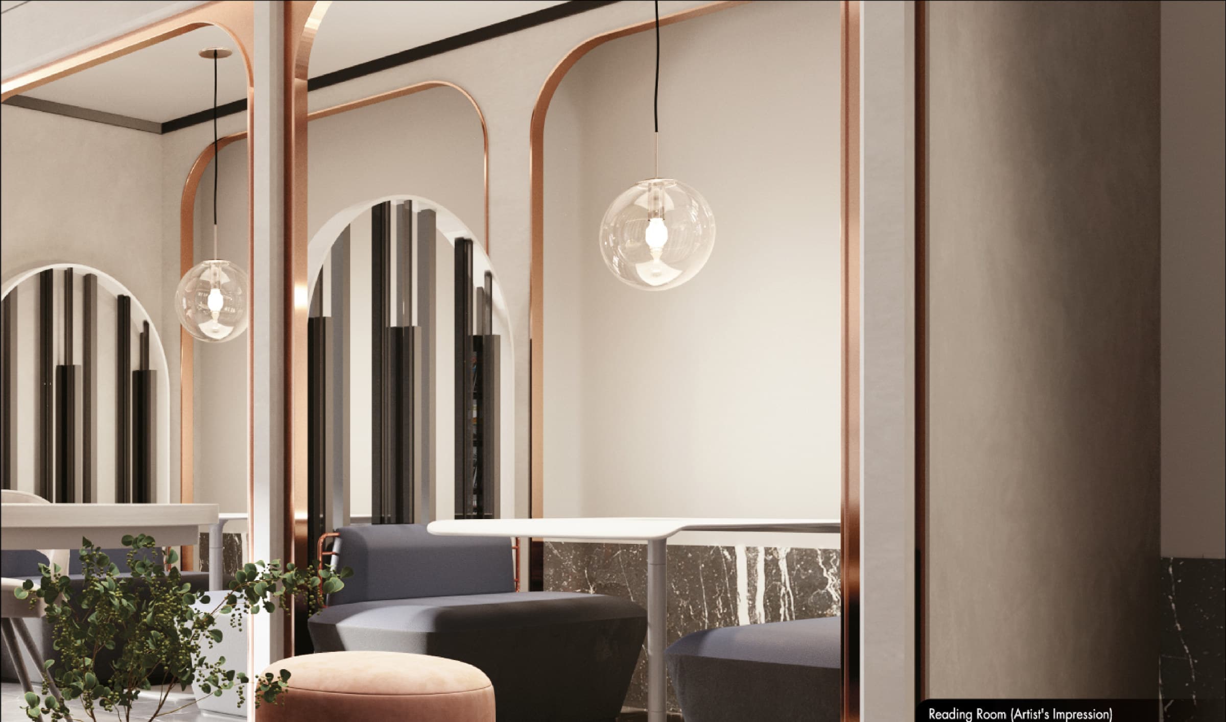 The reading room off the ground-floor reception, in arches and brushed copper